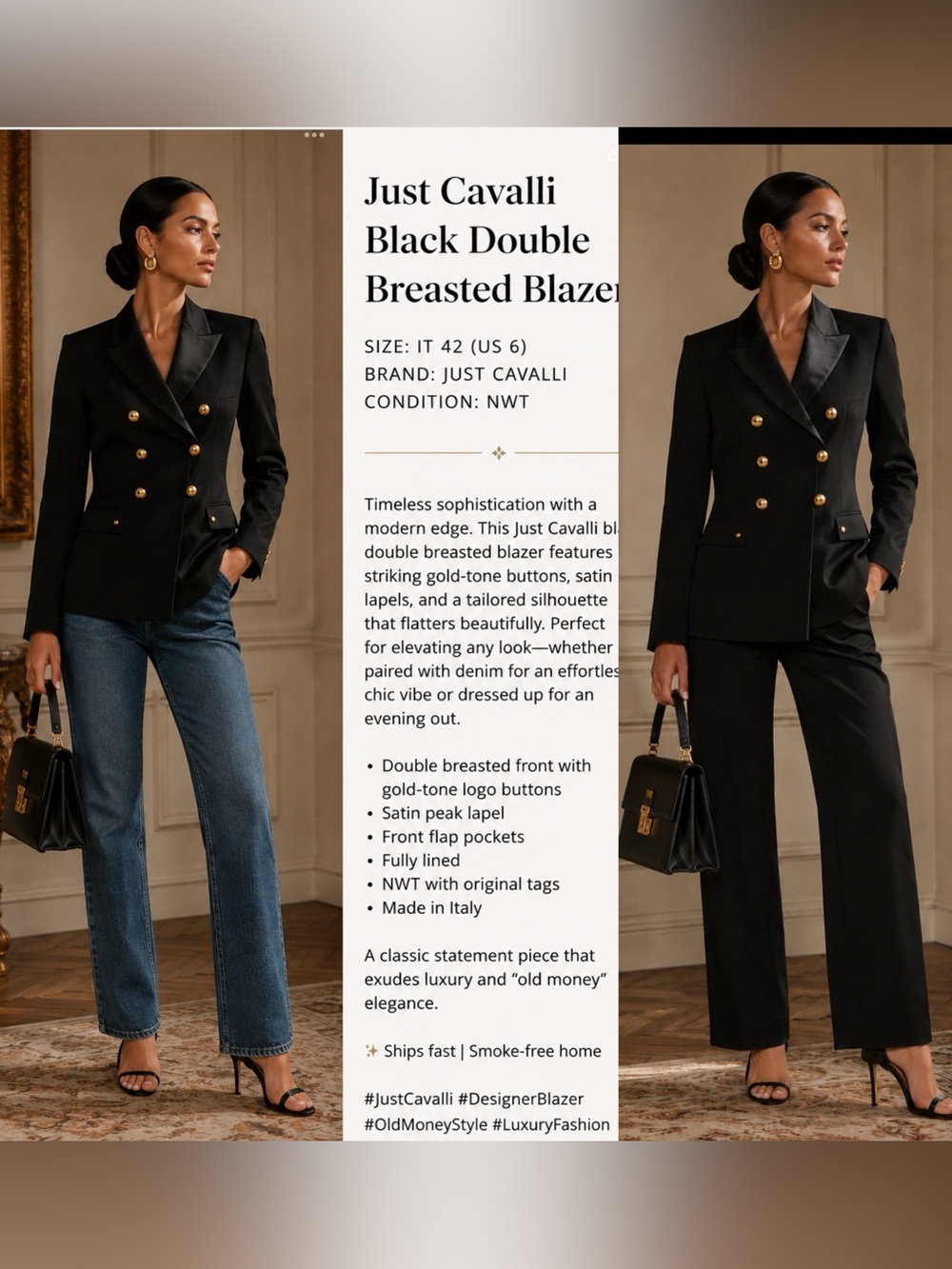 Just Cavalli Black Double Breasted Blazer Gold Buttons NWT Made in Italy Size 42